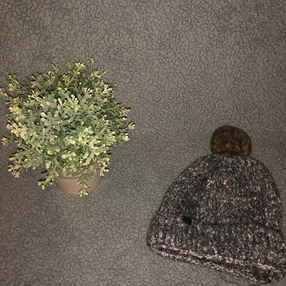 Grey Beanie with Brown Puff Ball